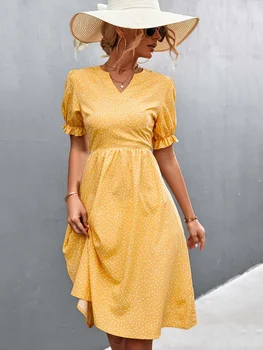 הקיץ Midi נקודה השמלה נשים מסיבה פאף שרוול שמלה בנות צהוב לפרוע גבוהה המותניים קו שמלה לנשים התמונה